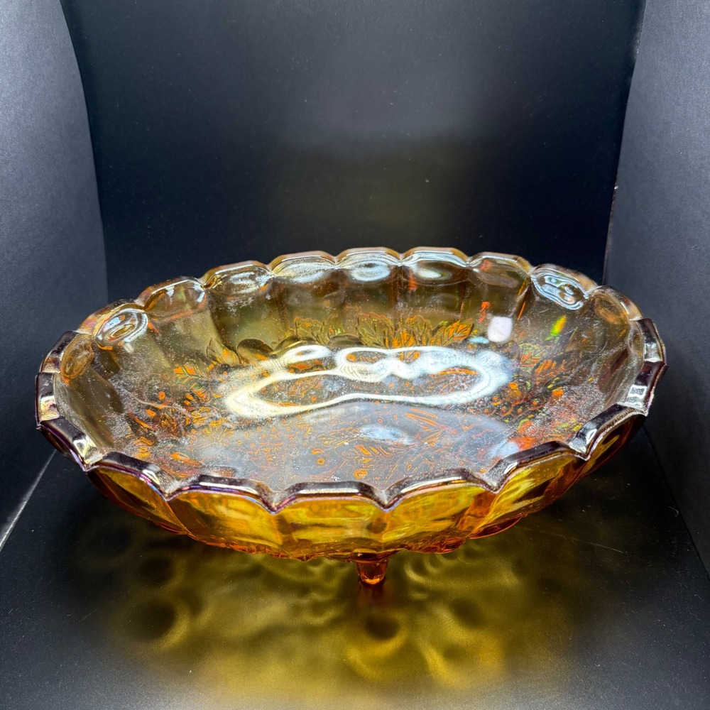 Vintage Marigold Carnival Glass Footed Fruit Bowl Harvest Grapes Oval 12x8.5